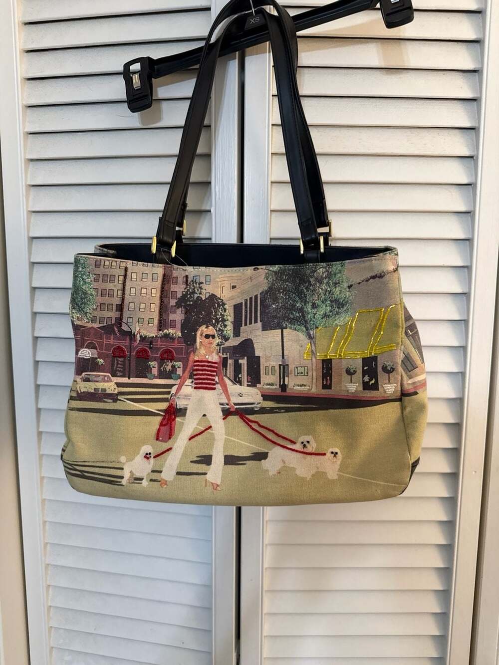 Bueno Toteables Wearable Art Beaded Graphics Lady Walking Dogs Canvas Tote Bag